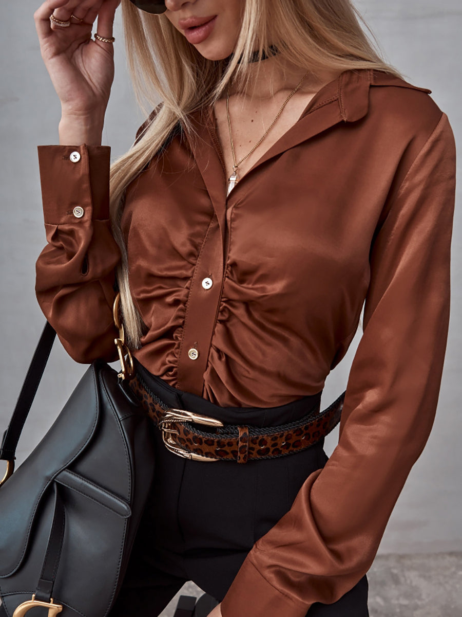 Solid Color Pleated Temperament Elegant Blouse