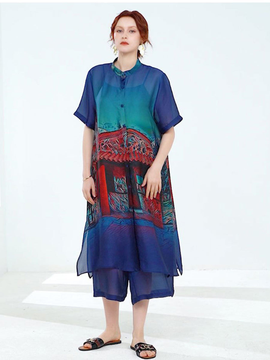 Size Curve Sets Plus Size Casual Round Neck Printed Button Chiffon Two Piece Set