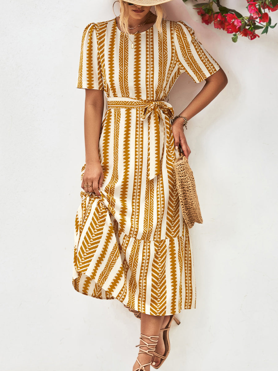 Midi Dresses - Striped Tie Belt Round Neck Puff Sleeve Midi Dress - MsDressly