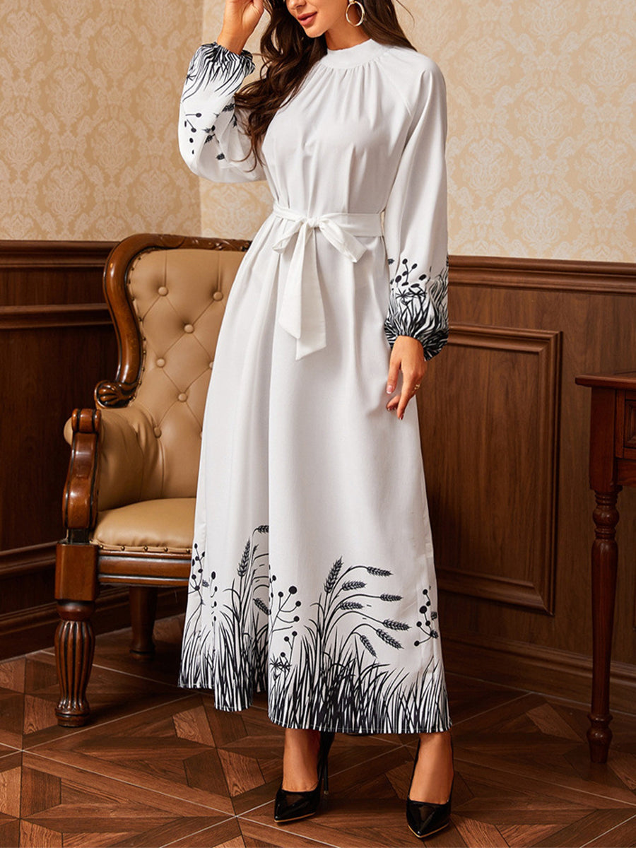 Maxi Dresses - Printed Belt Round Neck Long Sleeve Maxi Dress - MsDressly