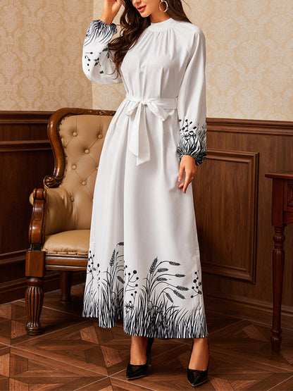 Maxi Dresses - Printed Belt Round Neck Long Sleeve Maxi Dress - MsDressly