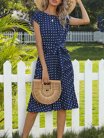 Midi Dresses - Round Neck Tie Polka Dot Pleated Short Sleeve Midi Dress - MsDressly