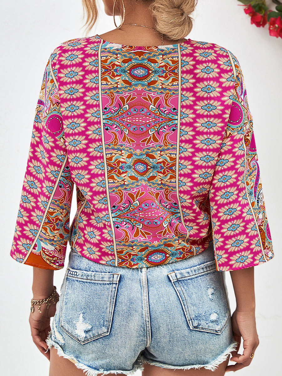 Blouses - Tie Hem V-Neck Three-Quarter Sleeve Blouse - MsDressly