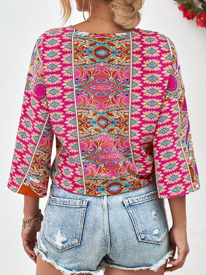 Blouses - Tie Hem V-Neck Three-Quarter Sleeve Blouse - MsDressly