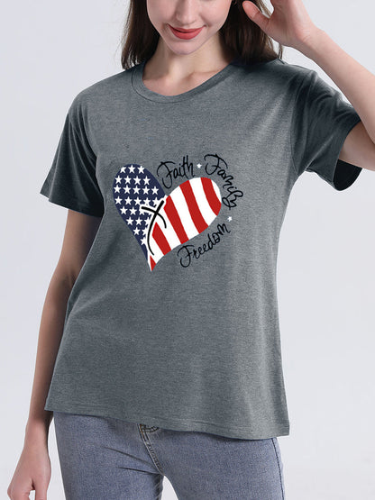 T-Shirts - Heart Flag Print Letter Short Sleeve T-Shirt - MsDressly