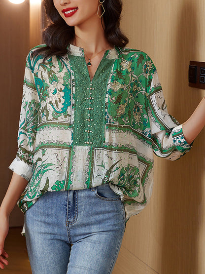 Blouses - Print Temperament V Neck Short Sleeved Blouse - MsDressly