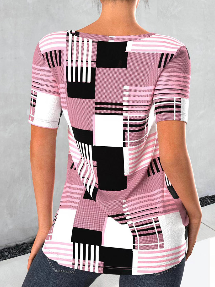 T-Shirts - Checker Printed Short-Sleeved Hollowed-Out V-Neck T-Shirt - MsDressly