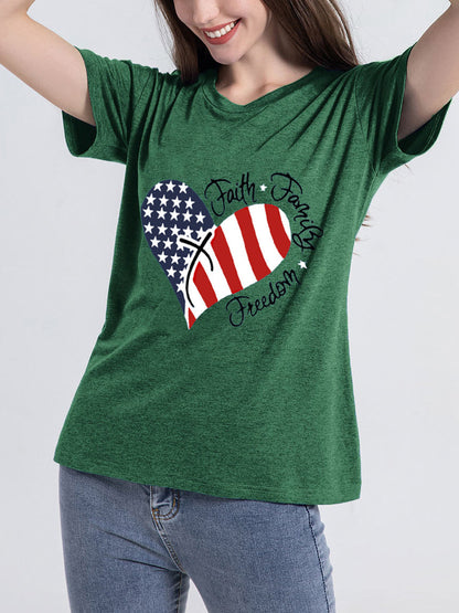 T-Shirts - Heart Flag Print Letter Short Sleeve T-Shirt - MsDressly