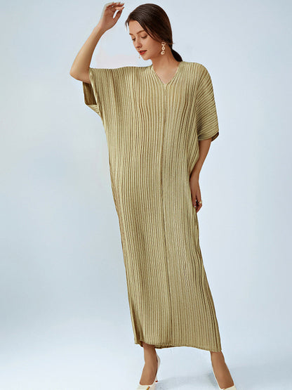 Maxi Dresses - Loose Pleated Commuting Temperament High Waist  V-Neck Maxi Dress - MsDressly