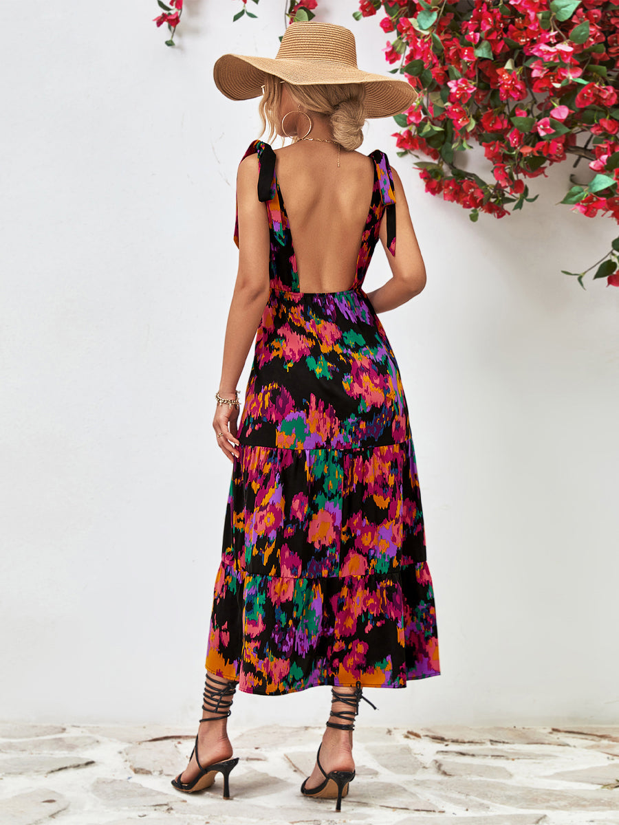 Midi Dresses - Multicolored V-Neck Backless Midi Dress - MsDressly