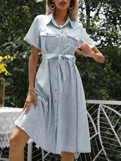 Floral Print Button Short Sleeve Midi Dress
