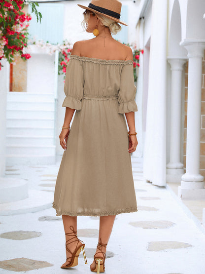 Midi Dresses - Frilled Off-Shoulder Flounce Sleeve Midi Dress - MsDressly