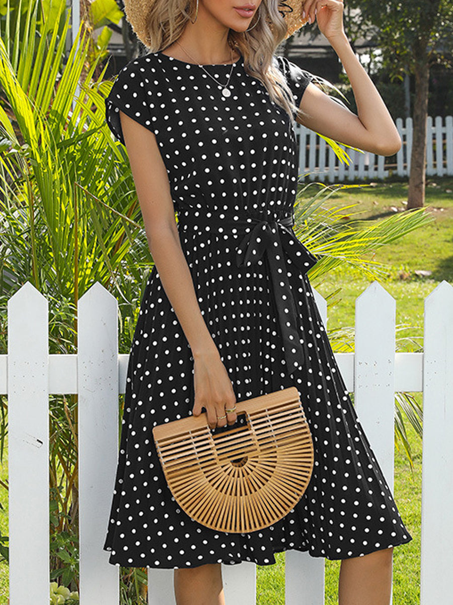 Midi Dresses - Round Neck Tie Polka Dot Pleated Short Sleeve Midi Dress - MsDressly