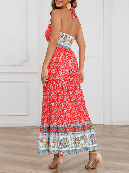 Midi Dresses - Sexy Retro Floral Slim Fit Halter Neck Midi Dress - MsDressly