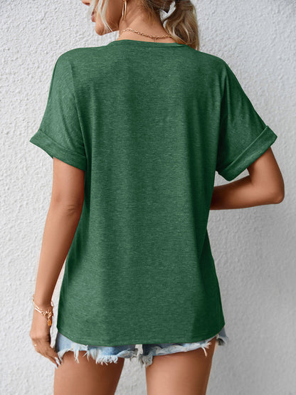 T-Shirts - Casual V Neck Button Loose Solid Color T-Shirt - MsDressly