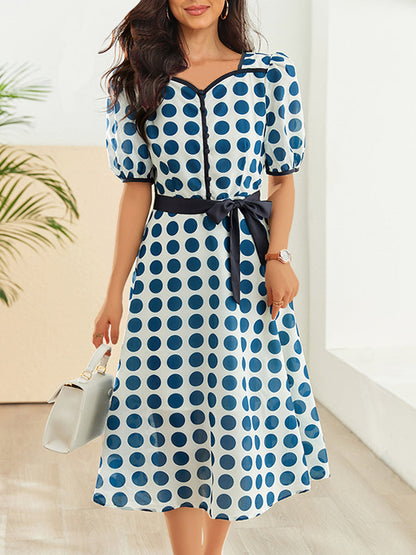 Midi Dresses - Stylish Printed High Waist Polka Dot Midi Dress - MsDressly
