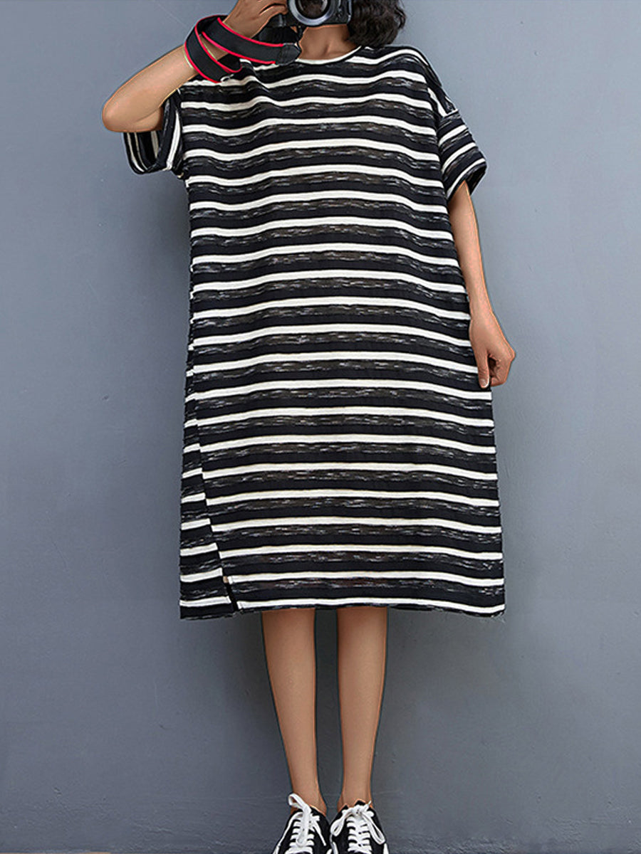 Literary And Retro Striped Loose Midi Dress