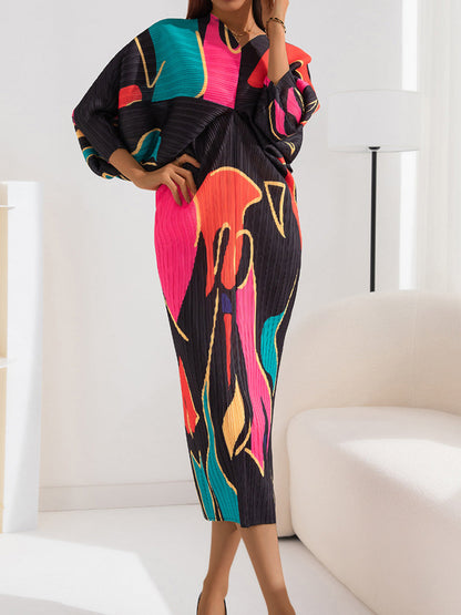 Midi Dresses - Elegant Print Pleated Thin V Neck Midi Dress - MsDressly