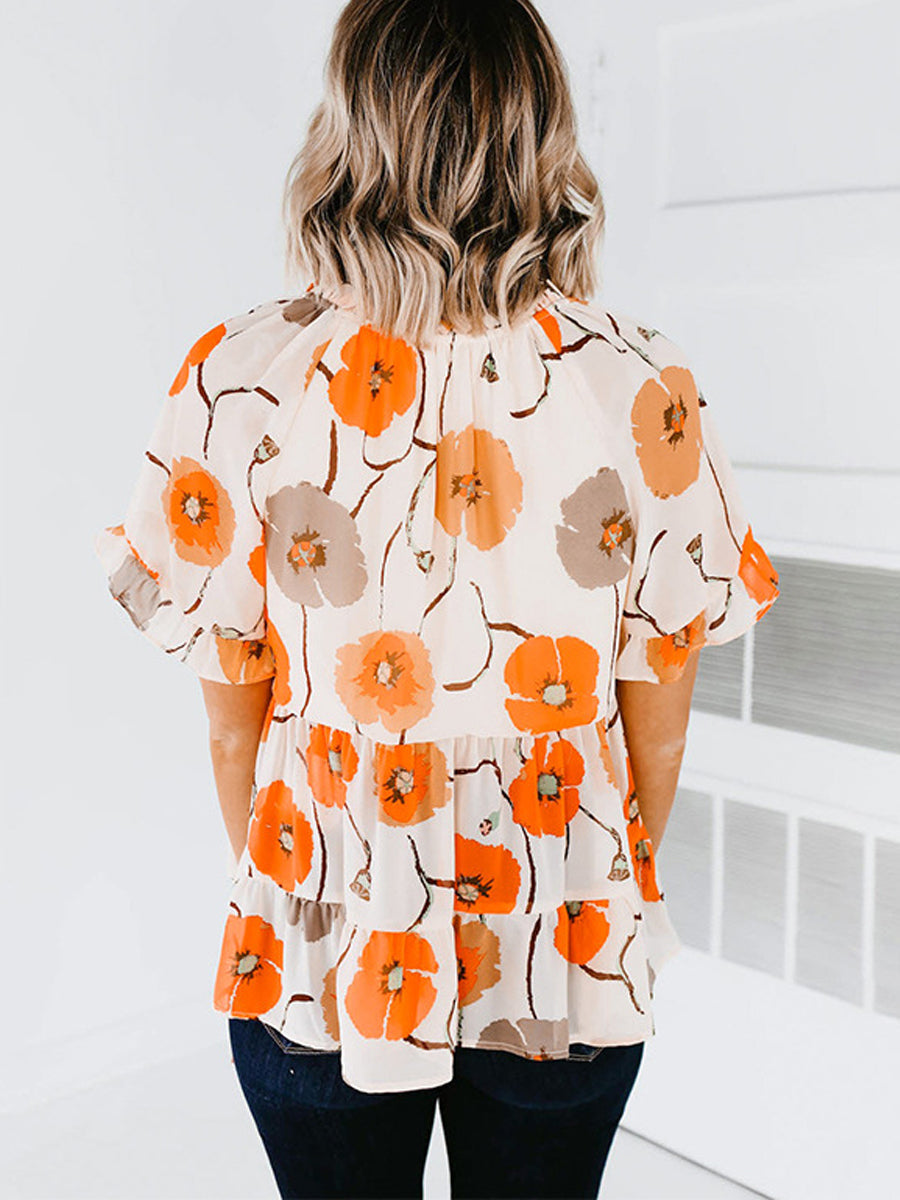 Blouses - Printed Flounce Sleeve Tie-Neck Peplum Blouse - MsDressly