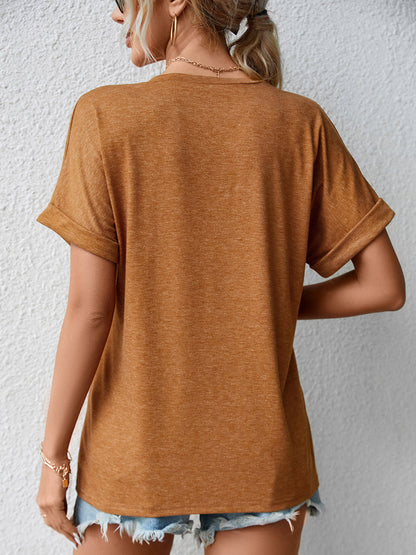 T-Shirts - Casual V Neck Button Loose Solid Color T-Shirt - MsDressly
