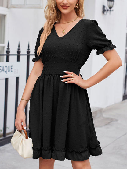 Mini Dresses - Jacquard V Neck Waist Slim Beach Casual Fashion Mini Dress - MsDressly