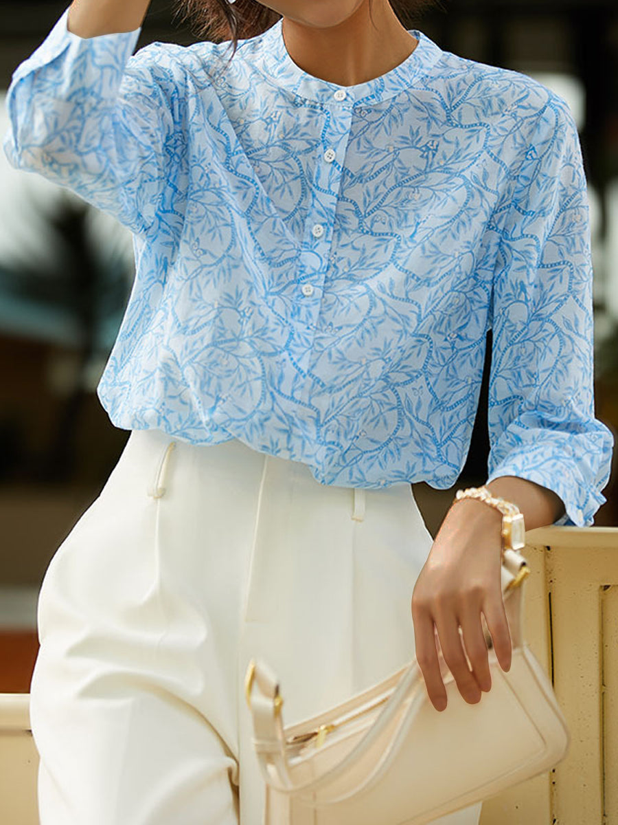 Blouses - Long Sleeve Ruffle Neck Floral Blouse - MsDressly