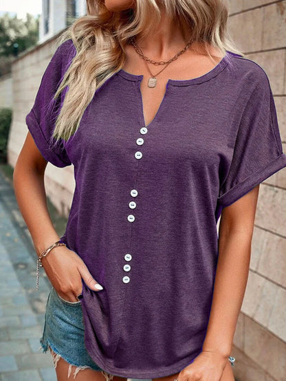 T-Shirts - V-Neck Button Short-Sleeved T-Shirt - MsDressly
