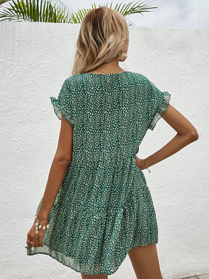 Mini Dresses - Chiffon Loose V Neck Short Sleeve Mini Dress - MsDressly