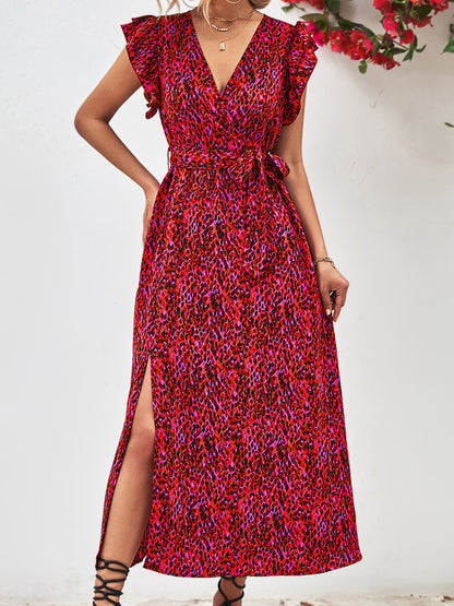 Printed Surplice Neck Flutter Sleeve Slit Midi Dress