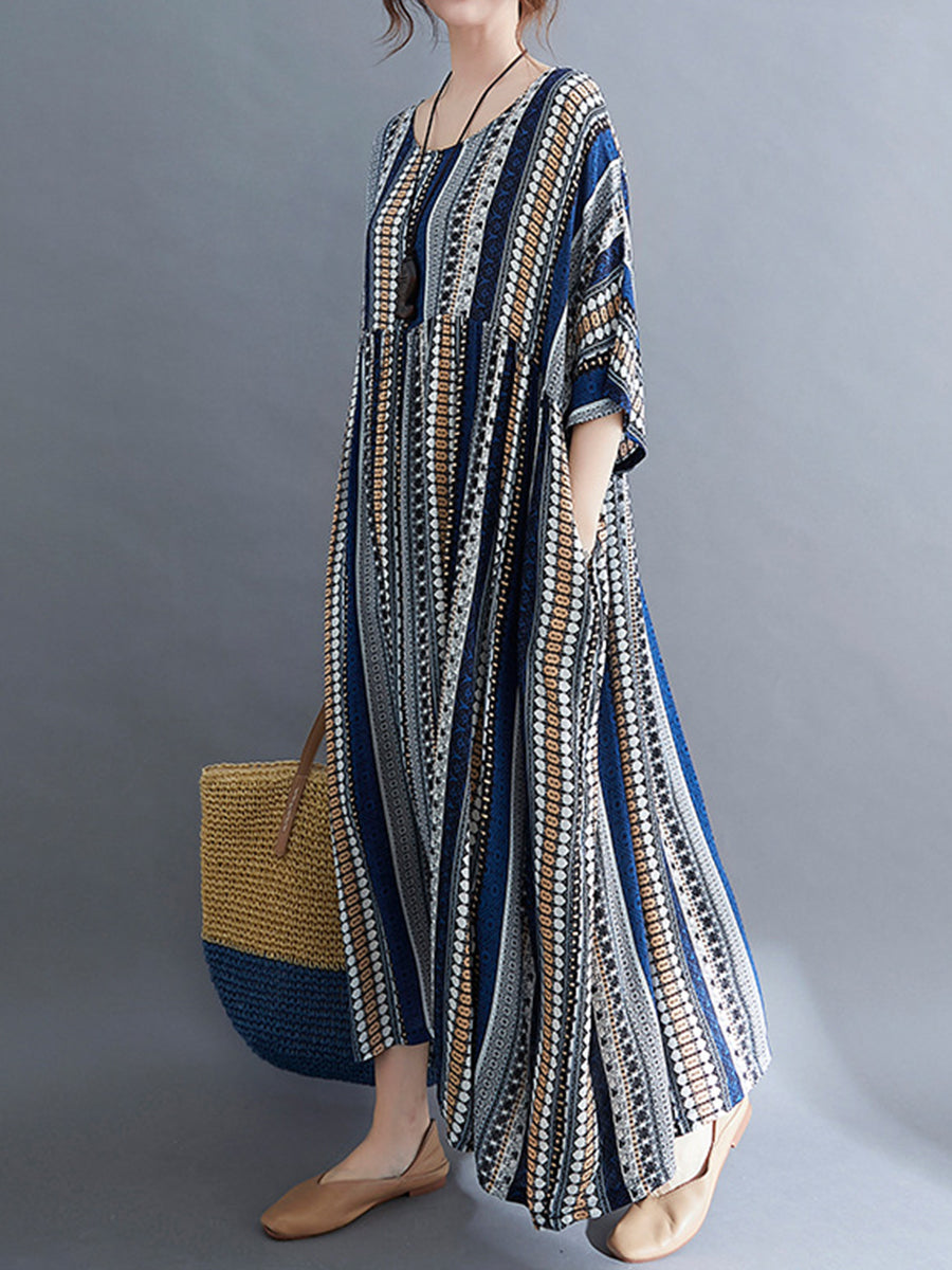 Maxi Dresses - Vintage Stripe Loose Short Sleeve Maxi Dress - MsDressly