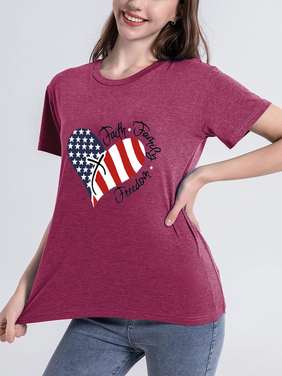 T-Shirts - Heart Flag Print Letter Short Sleeve T-Shirt - MsDressly