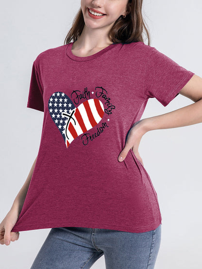 T-Shirts - Heart Flag Print Letter Short Sleeve T-Shirt - MsDressly