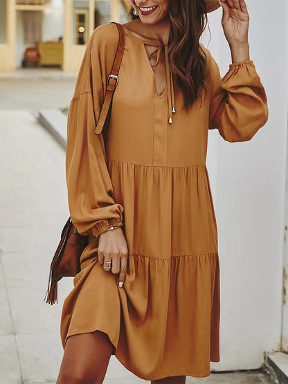 Midi Dresses - High Waist Loose V Neck Solid Color Stitching Midi Dress - MsDressly