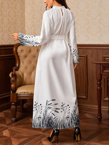 Maxi Dresses - Printed Belt Round Neck Long Sleeve Maxi Dress - MsDressly