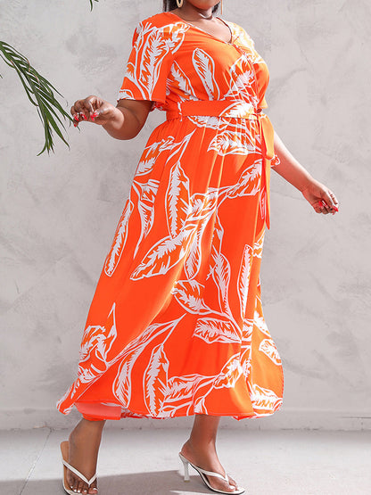 Maxi Dresses - Plus Size Printed Surplice Short Sleeve Maxi Dress - MsDressly