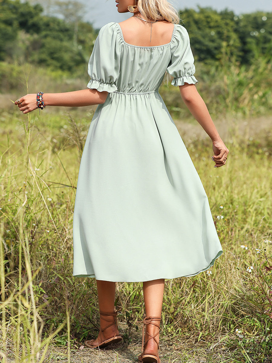 Midi Dresses - Stylish V Neck Elegant Solid Color For Versatile Puff Sleeve Midi Dress - MsDressly