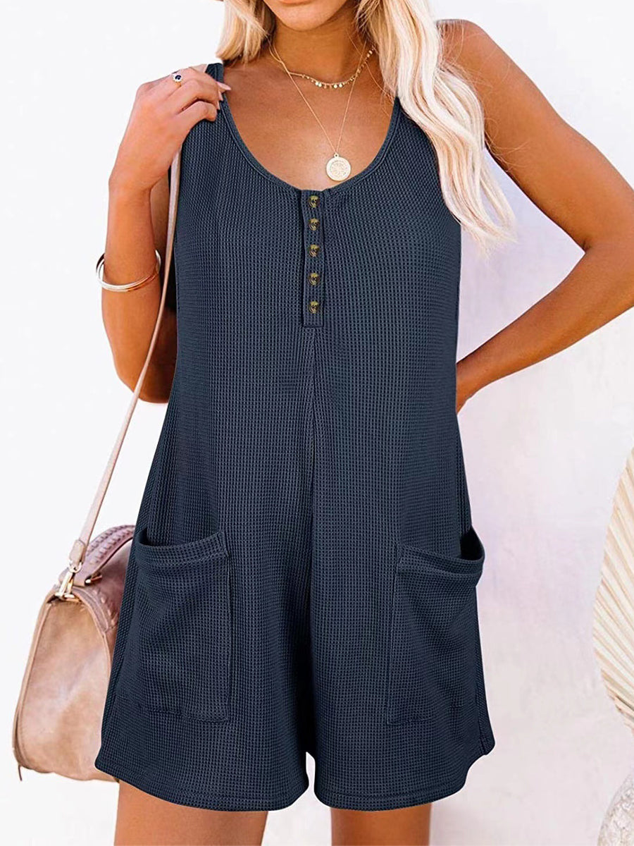 Splicing Sleeveless Loose Casual Button Jumpsuit