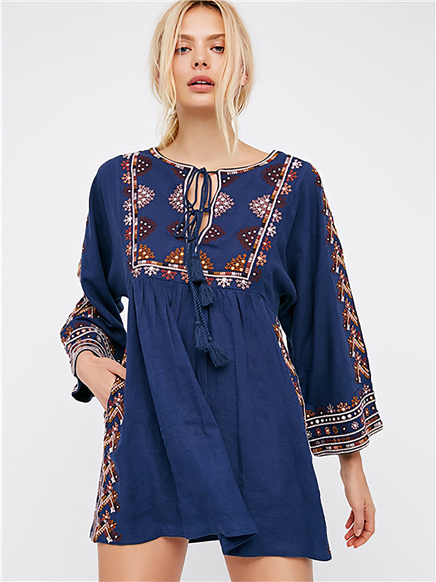 Mini Dresses - Embroidered Tassel Tie Mini Dress - MsDressly