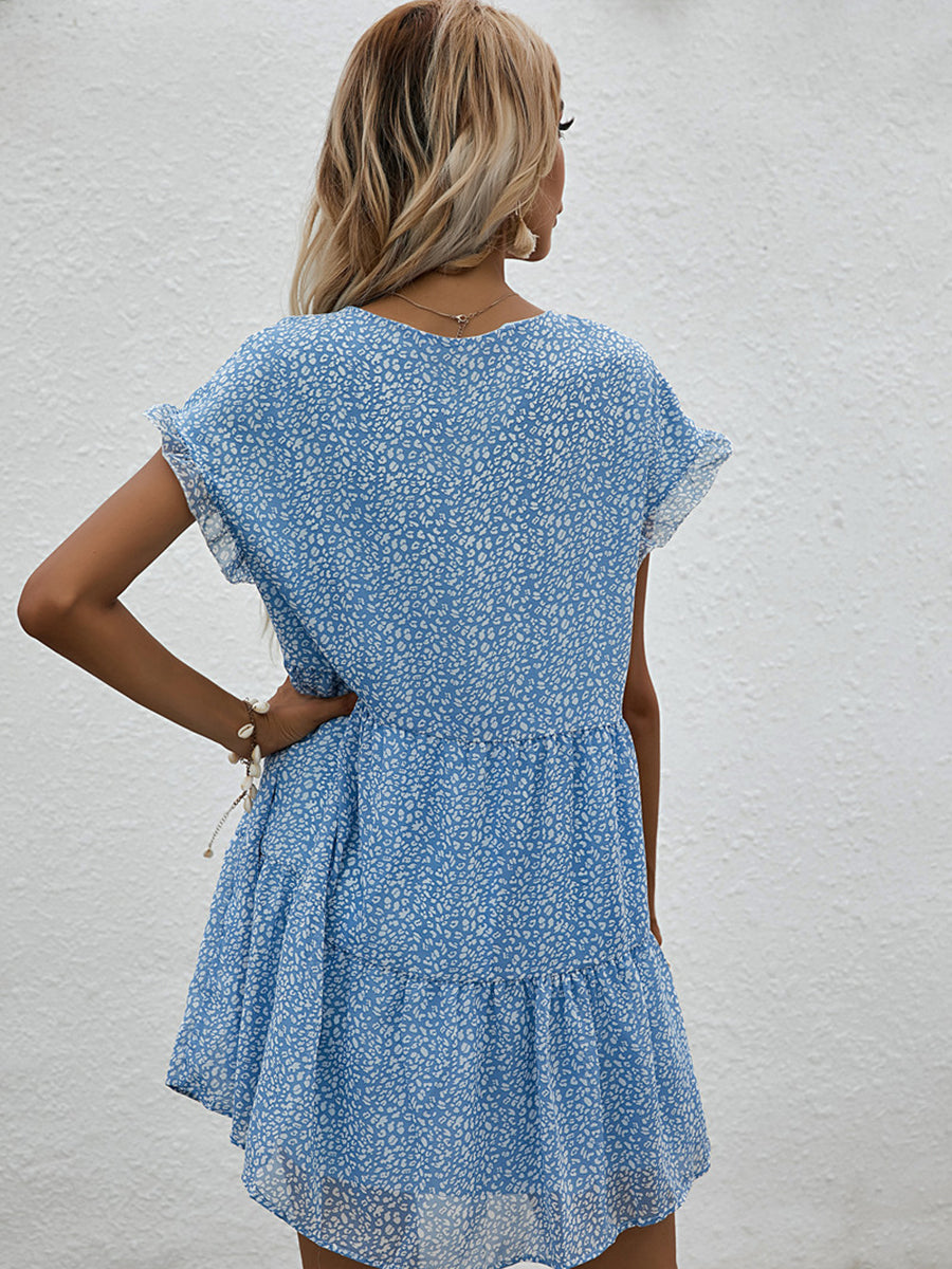 Mini Dresses - Chiffon Loose V Neck Short Sleeve Mini Dress - MsDressly