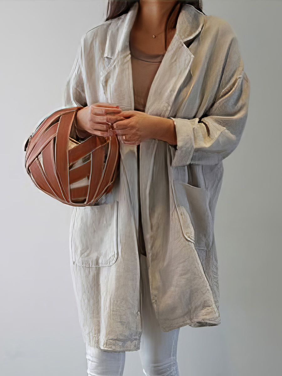 Coats - Literary Style Lapel Loose Solid Color Mid Length Coat - MsDressly