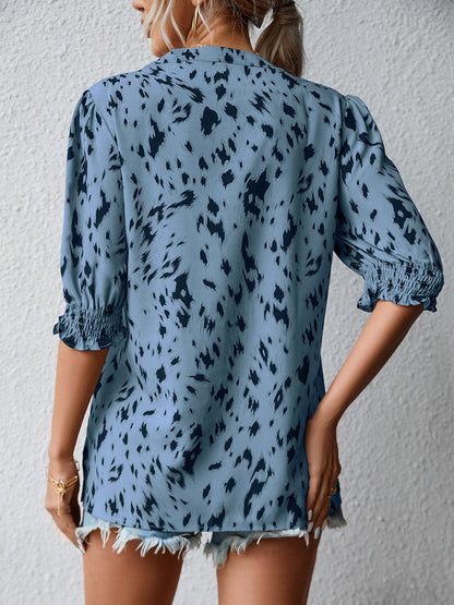 Blouses - Print Loose Ruffle Sleeve Round Neck Blouse - MsDressly