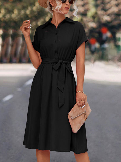 Midi Dresses - Lace Up Solid Color V Neck Midi Dress - MsDressly