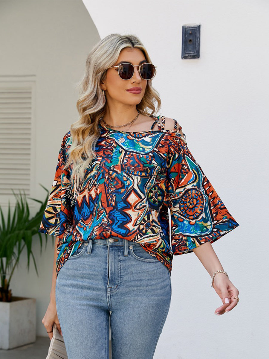 T-Shirts - Oblique Shoulder Print Bands Bandage Loose T-Shirt - MsDressly