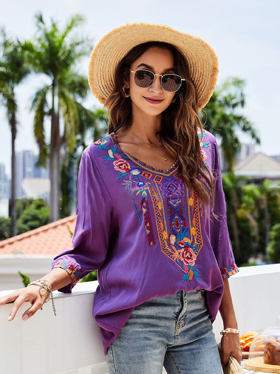 Blouses - Fashion Embroidered Flowers V-neck Versatile Blouse - MsDressly