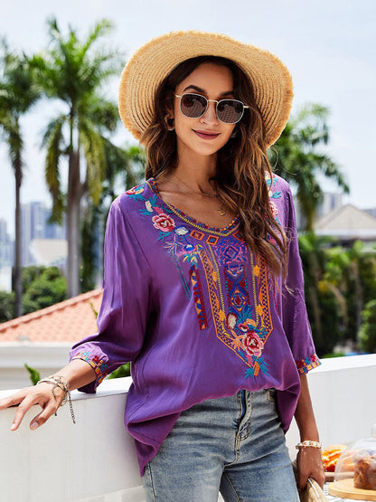 Fashion Embroidered Flowers V-neck Versatile Blouse