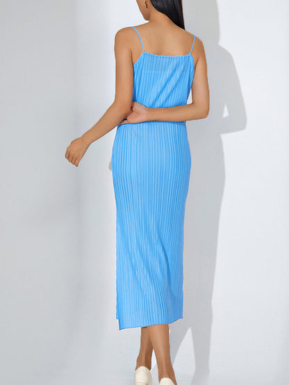 Midi Dresses - Elegant Slimming Pleated Solid Color Temperament Slit Midi Dress - MsDressly