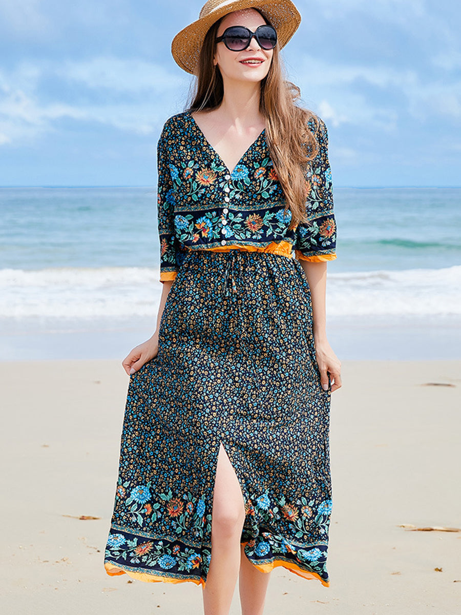 Midi Dresses - V Neck Loose Floral Button Slit Midi Dress - MsDressly