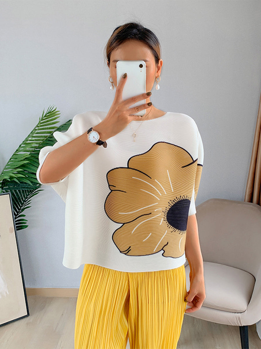 T-Shirts - Printing Pleated Loose Fashion T-Shirt - MsDressly