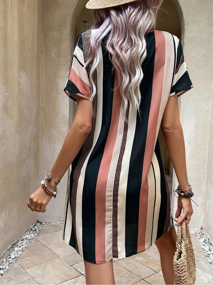 Mini Dresses - Striped Print V Neck Short Sleeve Mini Dress - MsDressly