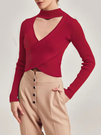 T-Shirts - Stylish And Alluring Sexy Rib Cross Knitwear Long Sleeve T-Shirt - MsDressly